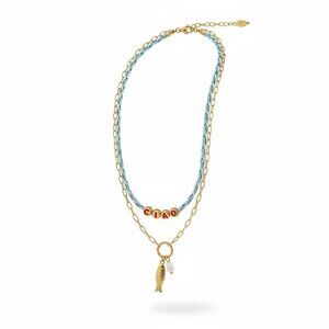 Universal Thread Layered Necklace With "Ciao" Beads, Fish & Pearl Charms, Gold &